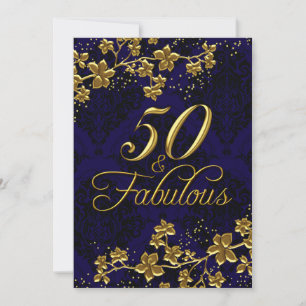 Convite Floral Dourado Azul Real 50 & Fabuloso