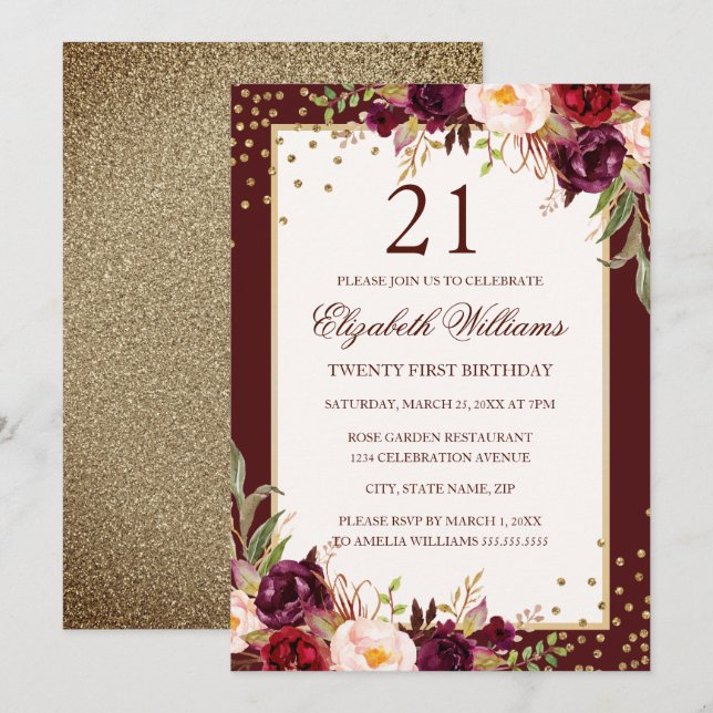 Convite Floral Dourado Borgonha para Aniversário d (Frente/Verso)