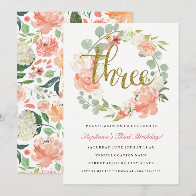 Convite Floral Dourado, cor-de-rosa, aniversário d (Frente/Verso)