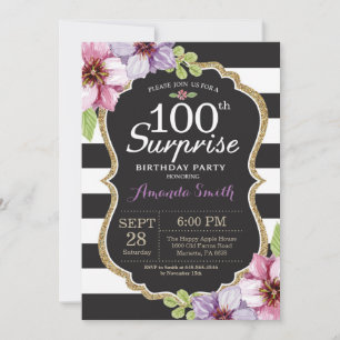 Convite Floral Dourado de Aniversário de 100 anos 