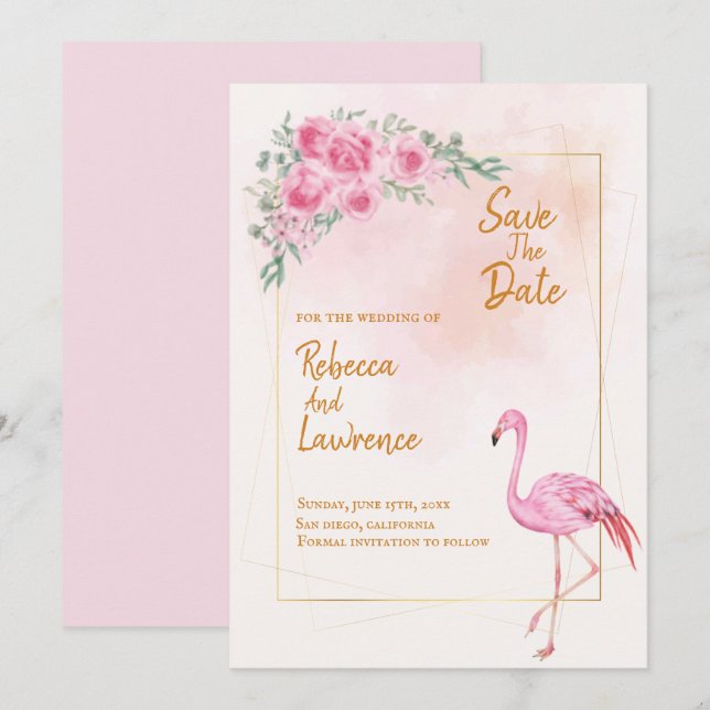 Convite Floral Dourado de Casamento Flamingo, cor- (Frente/Verso)