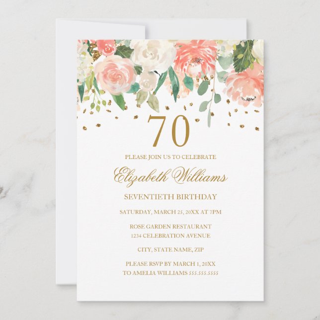 Convite Floral Dourado de Pêssego para 70º Anivers (Frente)