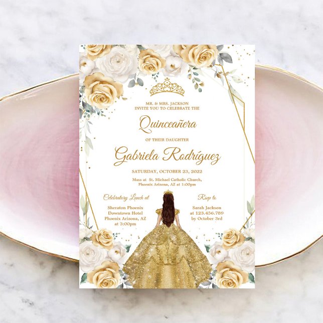 Convite Floral Dourado de Quinceanera (Criador carregado)
