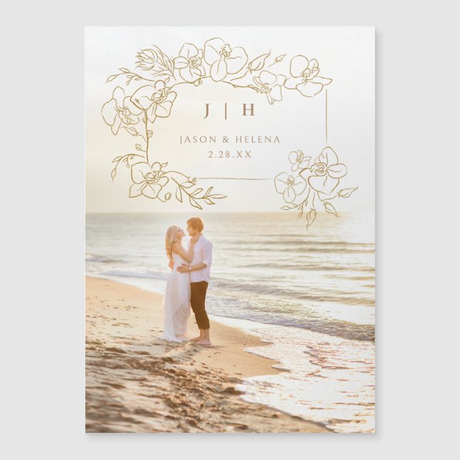 Convite Floral Dourado Desenhado à Mão Salvar a Data (Frente)