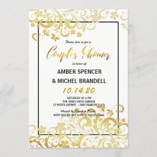 Convite floral Dourado do chá do casal Flourishing