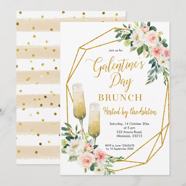 Convite Floral Dourado do Dia de Galentine Brunch (Frente/Verso)