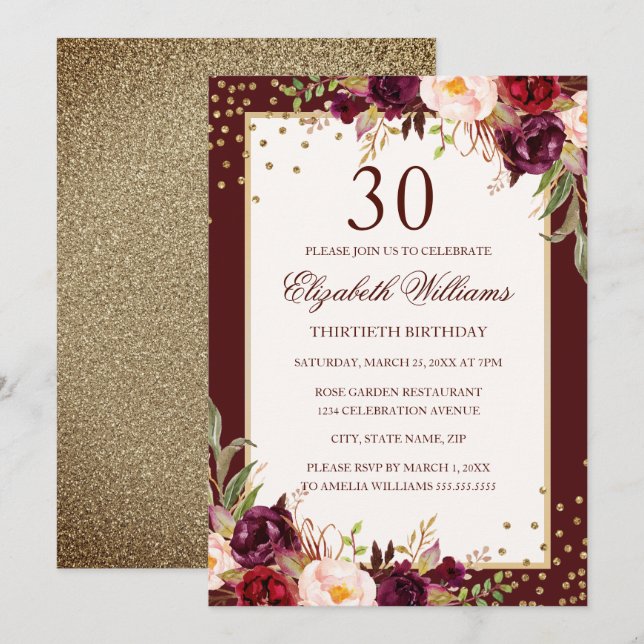 Convite Floral Dourado e Burgundy para 30º Anivers (Frente/Verso)