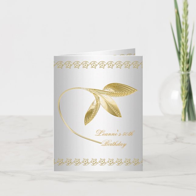 Convite Floral Dourado Elegante 50ª Festa de aniversário (Frente)