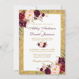 Convite Floral Dourado para Brilhantes de Casament
