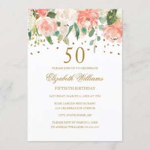 Convite Floral Dourado Pêssego para Aniversário de