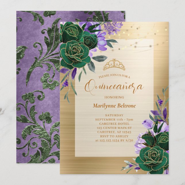Convite Floral Dourado Purple Green Quinceañera (Frente/Verso)