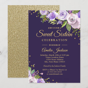 Convite Floral Dourado Roxo Brilhante para Sweet S