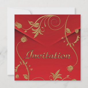 Convite Floral Dourado Vermelho Asiático