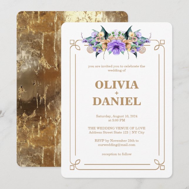 Convite Floral E Dourado Para Casamento Elegante (Frente/Verso)
