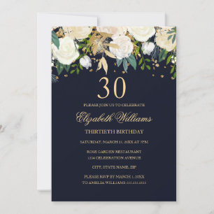 Convite Floral Elegante Azul Marinho Dourado para