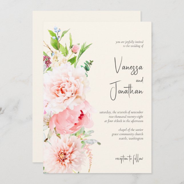 Convite Floral Elegante Blush e Ivory (Frente/Verso)