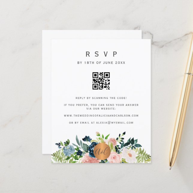 Convite floral elegante código QR orçamento RSVP (Frente/Verso In Situ)
