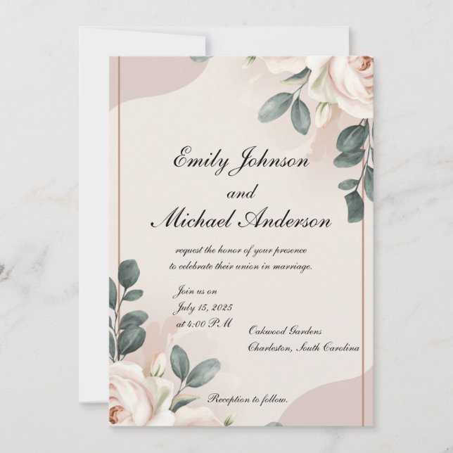 Convite Floral Elegante com Cor de Rosa Suave (Frente)