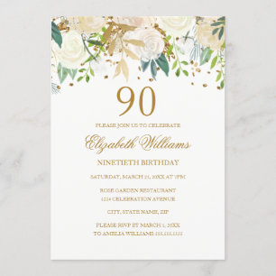 Convite Floral Elegante de Aniversário de 90 Anos 