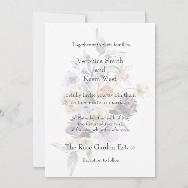 Convite Floral Elegante Marfim, Lavanda e Azul 13x (Frente)