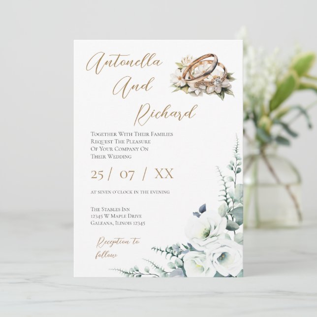 Convite Floral Elegante para Casamento com Anéis (Em pé/Frente)
