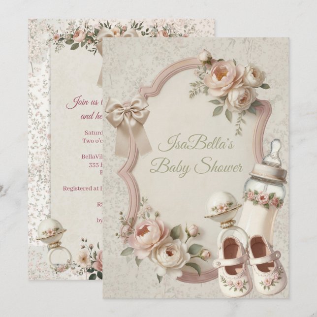 Convite Floral Elegante para Chá de Bebê do Primei (Frente/Verso)