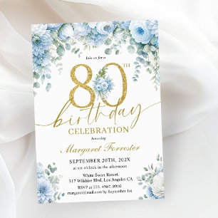 Convite Floral Elegante Pó Azul para 80º Aniversár