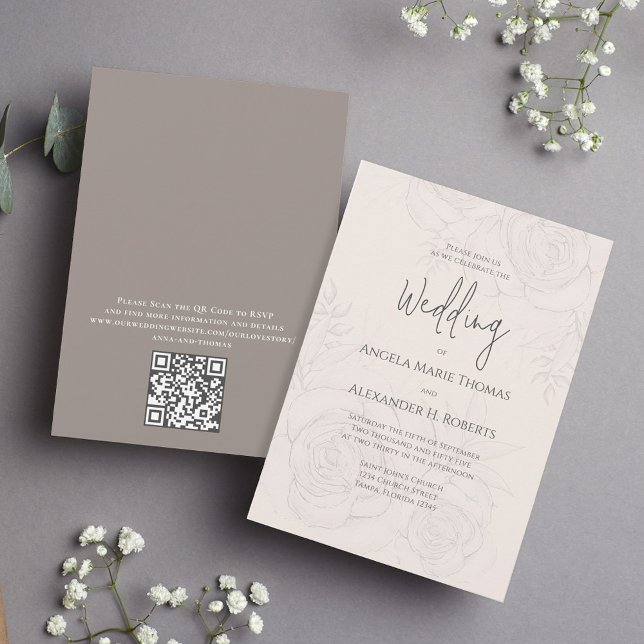 Convite Floral Elegante Simples | Código QR  (Elegant blush floral wedding invitation with elegant calligraphy script. with QR Code. )