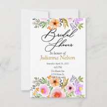 Convite floral em aquarela laranja e roxo