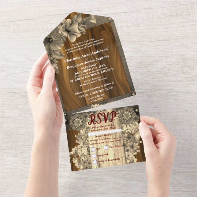 Convite Floral em Dourado Rústico para Casamento T (Aba destacável)