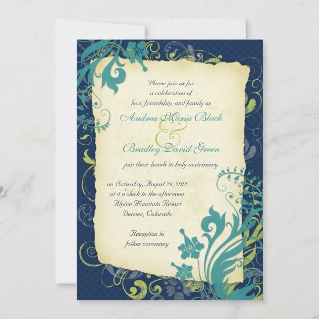 Convite Floral Floral de Teal Verde marinho Azul (Frente)