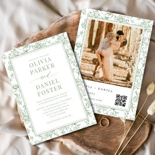 Convite Floral Francês Verde Sage com Código QR de