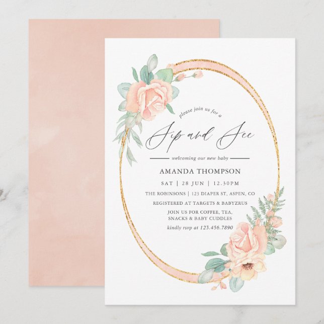 Convite Floral Geométrico Pastel Rosa para Brinde  (Frente/Verso)
