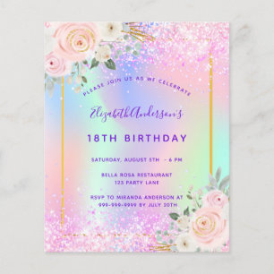 Convite floral holográfico rosa de aniversário