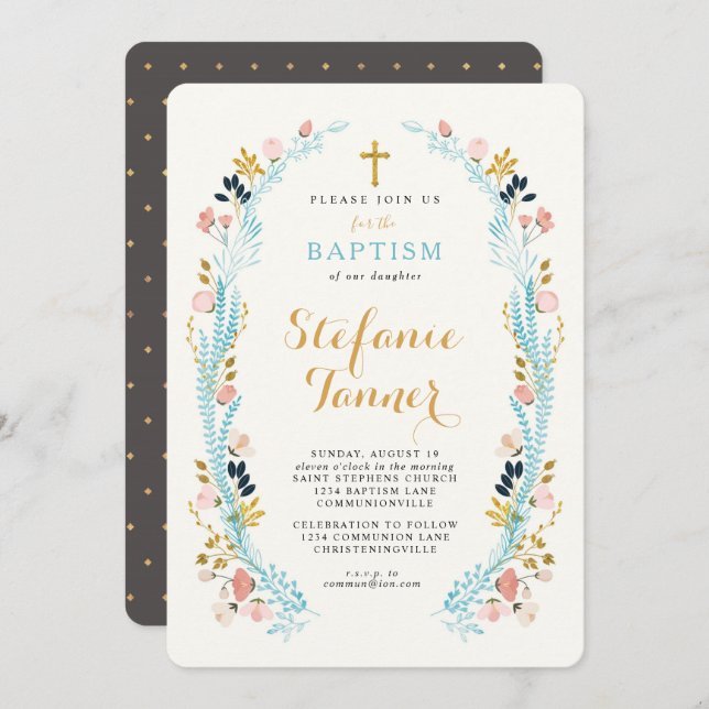 Convite Floral Laurel Baptism (Frente/Verso)