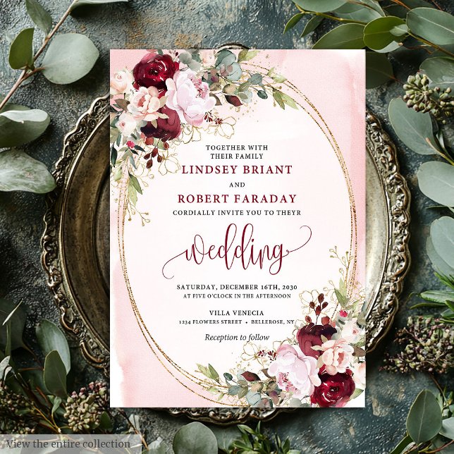 Convite Floral Moderno Boho Burgundy Blush Dourado (Modern Boho Burgundy Blush Gold Floral Invite)