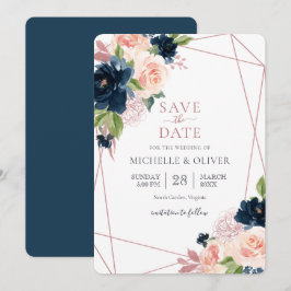 Convite Floral Navy e Blush Geométrico para Salvar