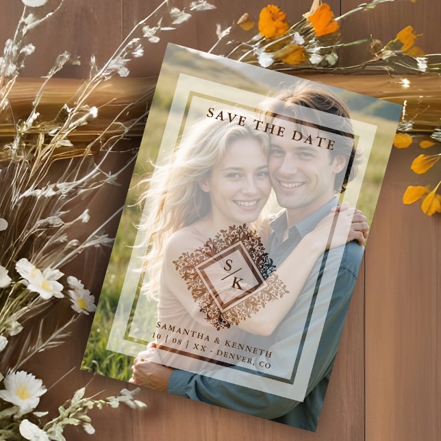 Convite Floral Ornate Frame Diamond Shape Wedding Initials (Floral Ornate Frame in Diamond Shape with Initials Photo Wedding Magnetic Save the Date Card.)