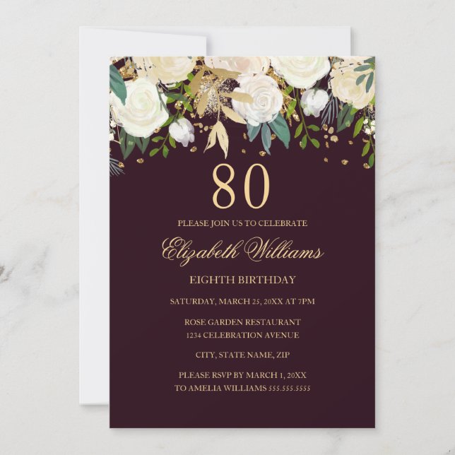 Convite Floral Ouro Borgonha para 80º Aniversário (Frente)