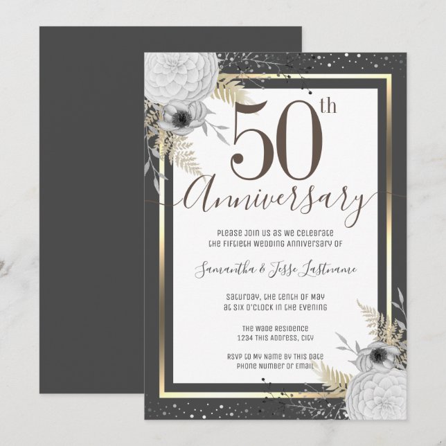 Convite Floral para Bodas de Ouro (Frente/Verso)