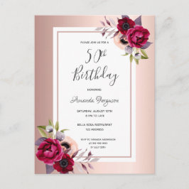 Convite floral para burgundy de ouro, rosa, 50 ano