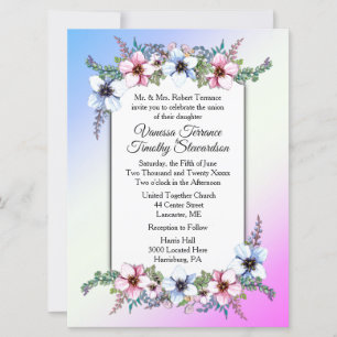 Convite Floral para Casamento Azul Duplo / Rosa