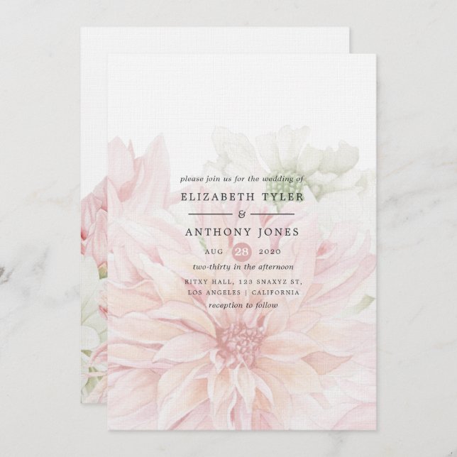 Convite Floral para Casamento Blush Dahlias (Frente/Verso)