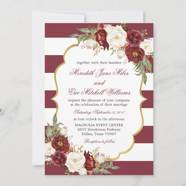 Convite Floral para Casamento de Marsala Striped (Frente)