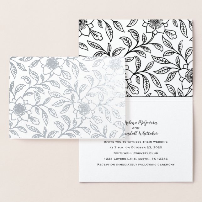 Convite Floral para Casamento Deluxe Foil Silver (Exibição)