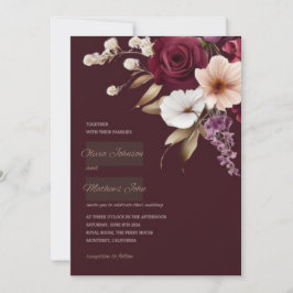 Convite Floral para Casamento Elegante Maroon