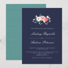 Convite Floral para Casamento marinho e Coral
