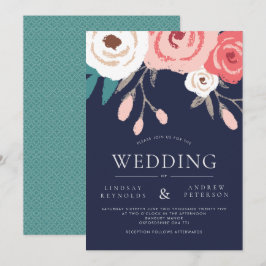 Convite Floral para Casamento marinho e Coral