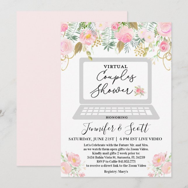 Convite Floral para Chuveiro de Casais Virtuais (Frente/Verso)