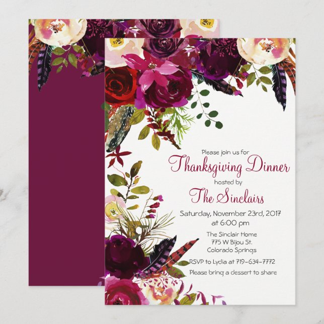 Convite Floral para Jantar de Ação de Graças (Frente/Verso)